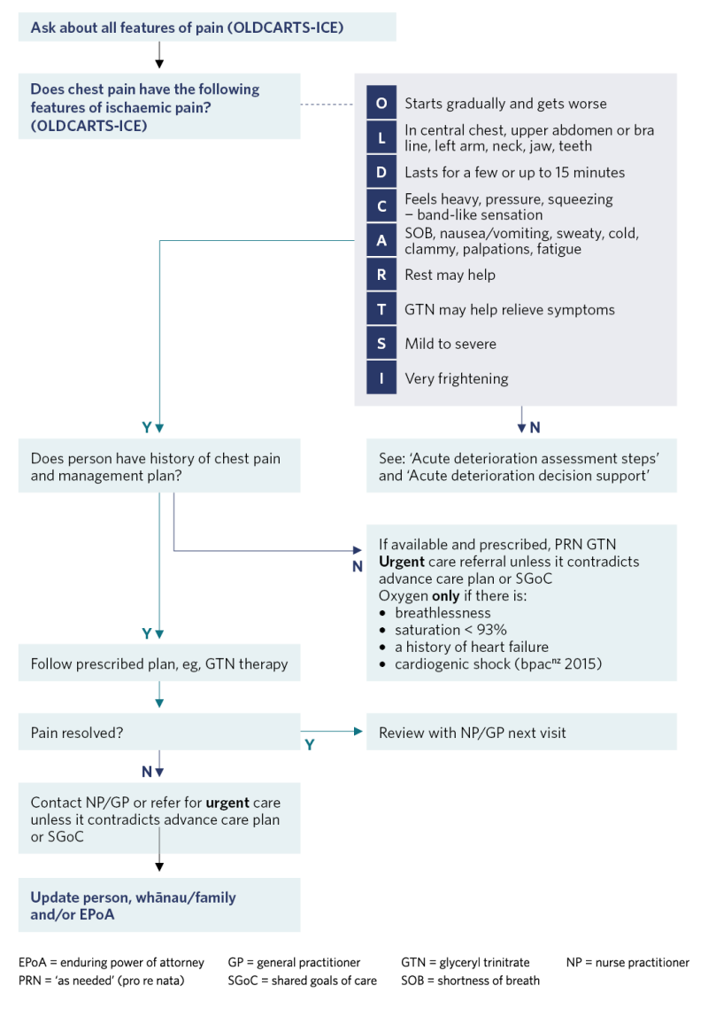 Decision support flow diagram relating to assessment of cardiac chest pain 