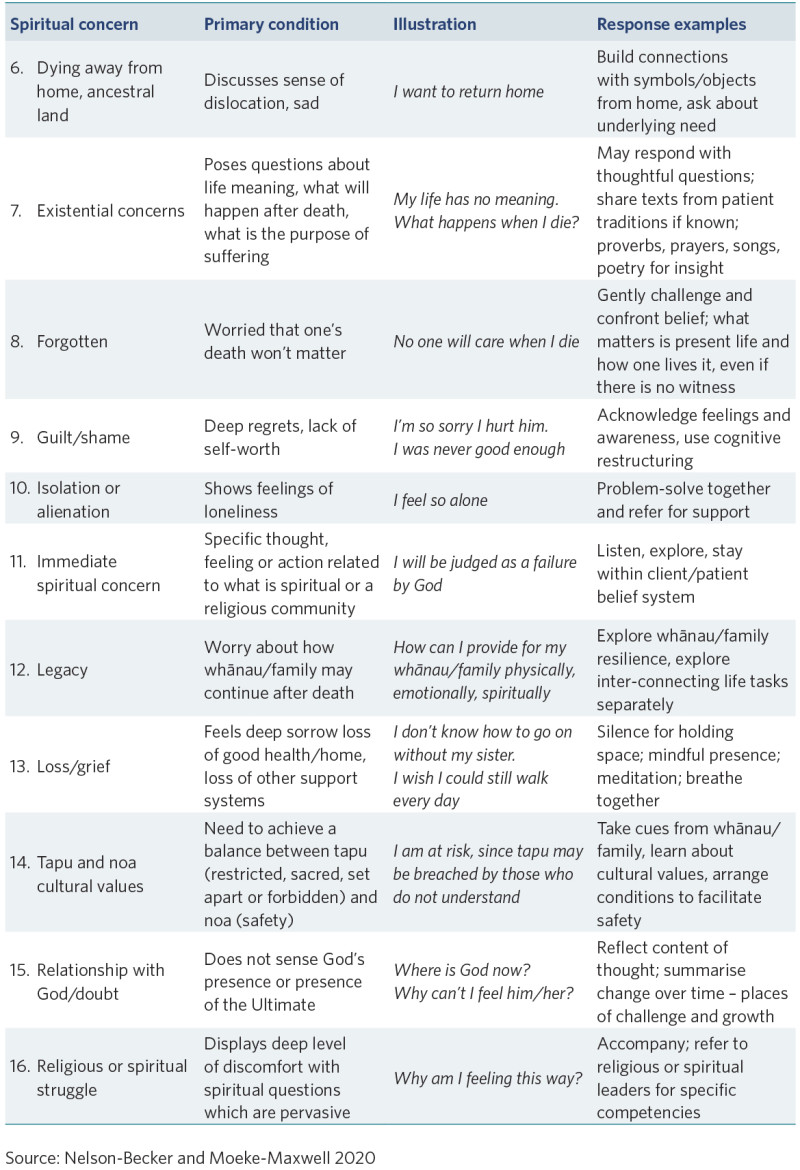 Table showing examples of spiritual distress and possible responses. It covers spiritual concern, primary condition, illustration and response examples. 