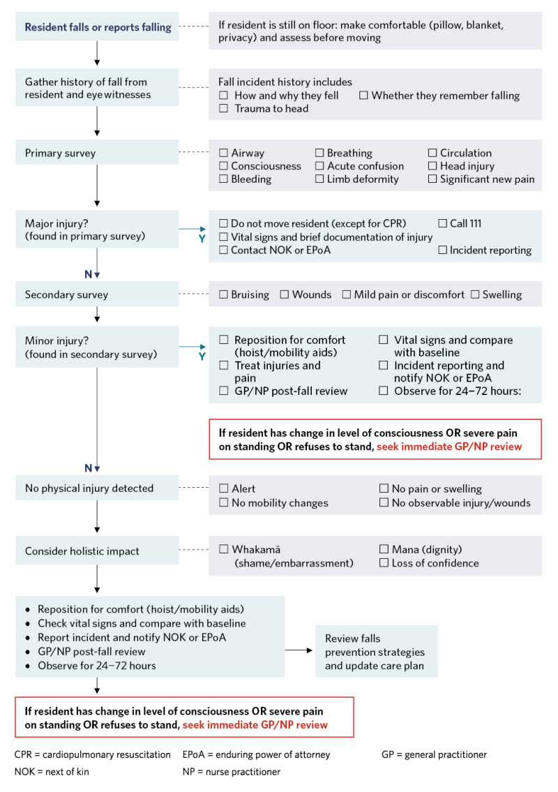 Decision support flow diagram to support post-fall assessment. 