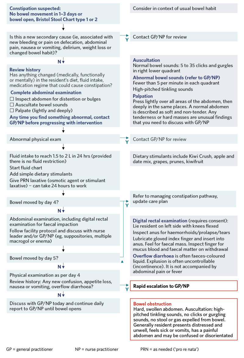 Decision support flow diagram to aid response to acute constipation. 